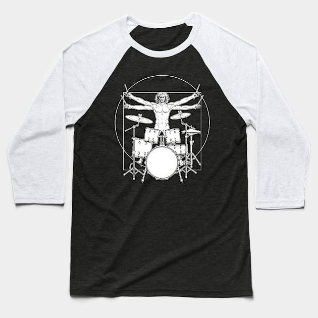 Virtuvian Man Drummer White Baseball T-Shirt by sarahwolffie